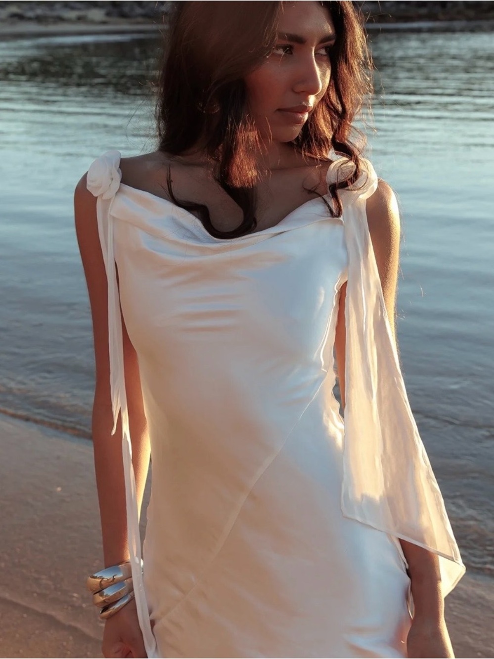 Selfie Leslie Afterglow White Satin Cowl Neck Maxi Dress